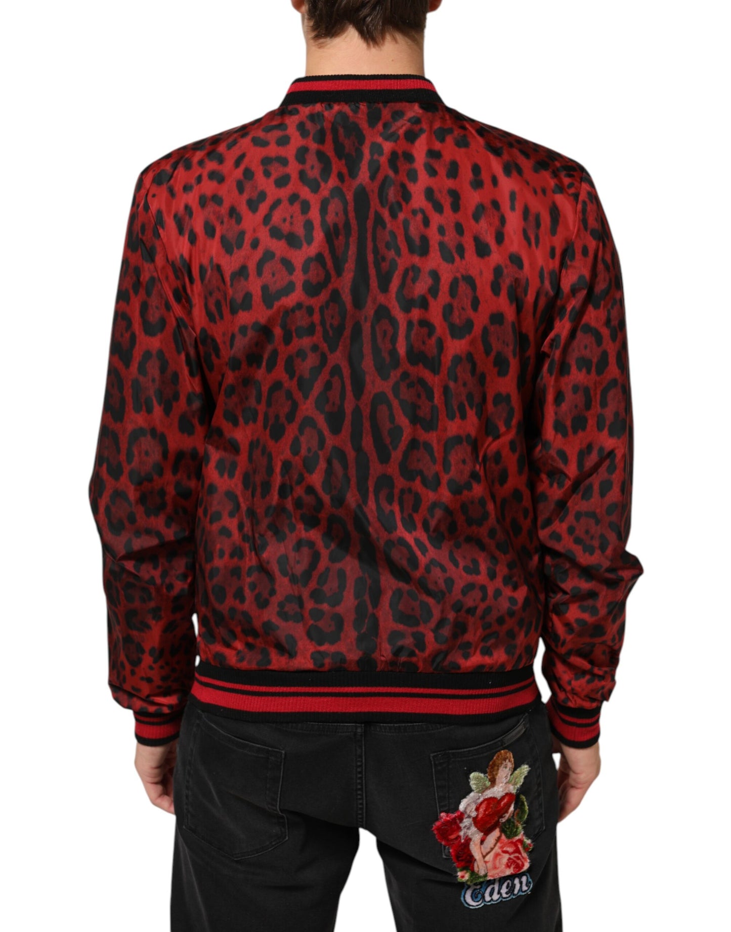Dolce & Gabbana Red Leopard Print Full Zip Bomber Jacket