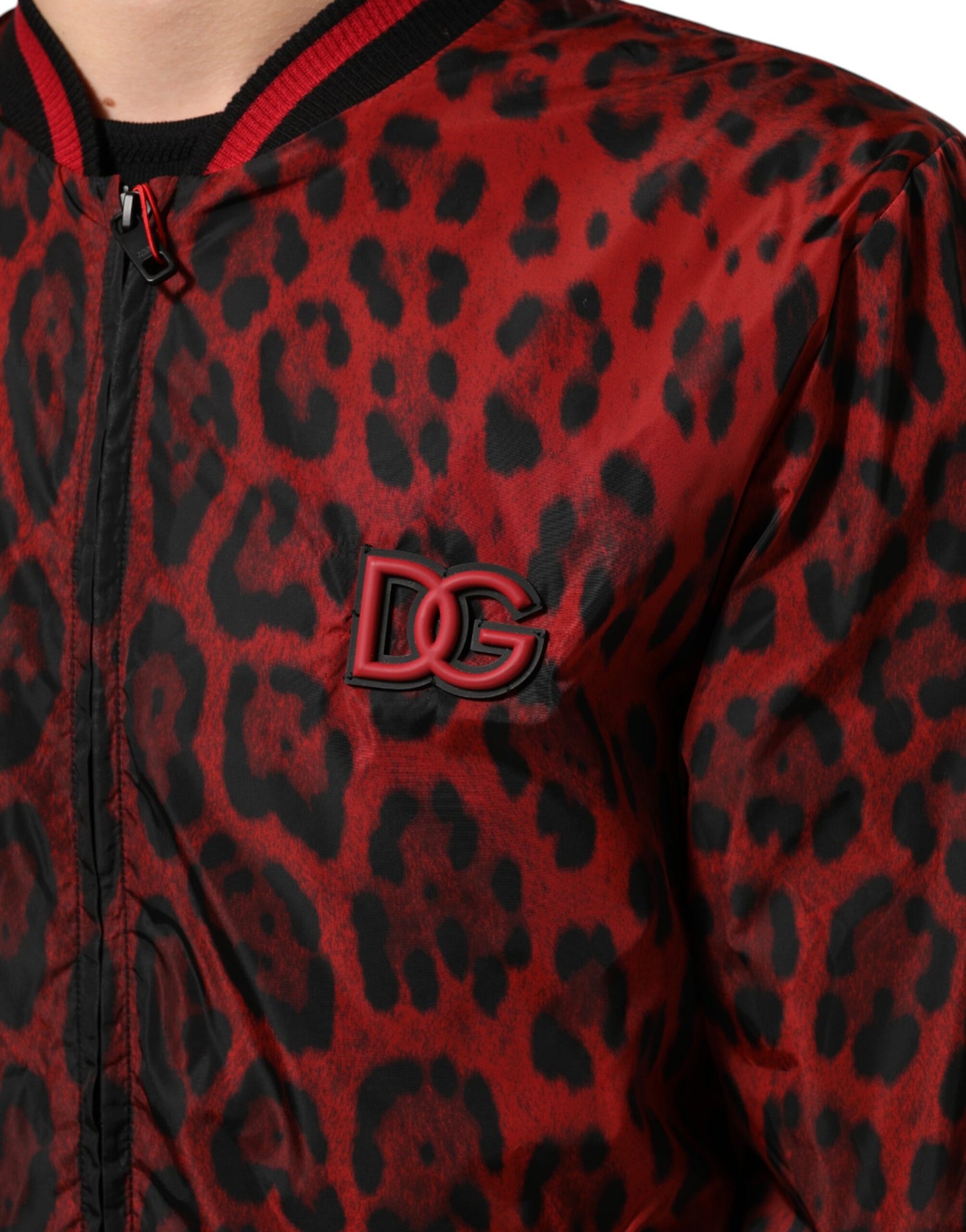 Dolce & Gabbana Red Leopard Print Full Zip Bomber Jacket