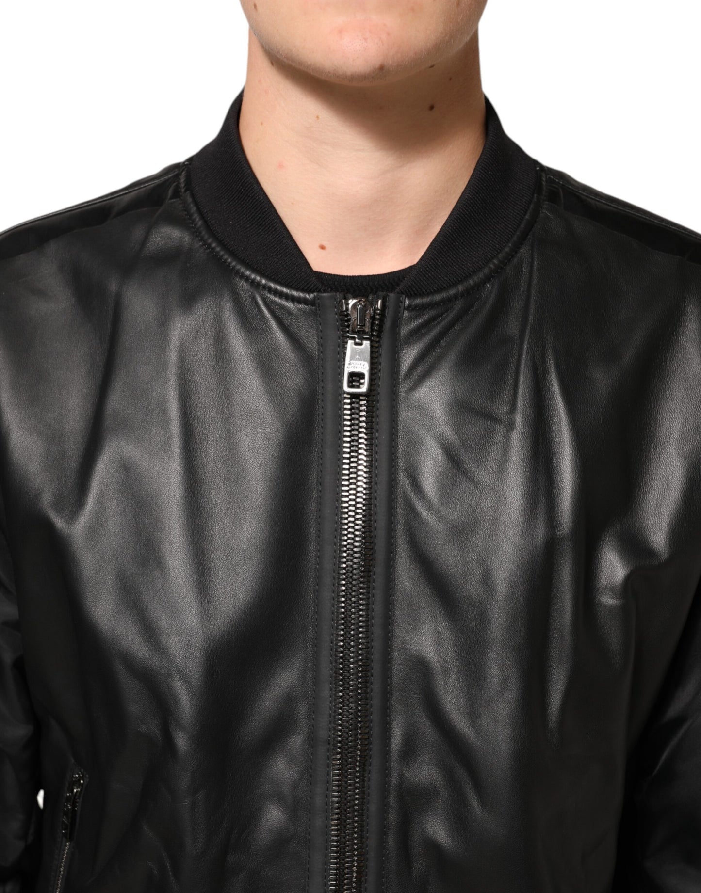 Dolce & Gabbana Black Leather Nylon FullZip Blouson Jacket