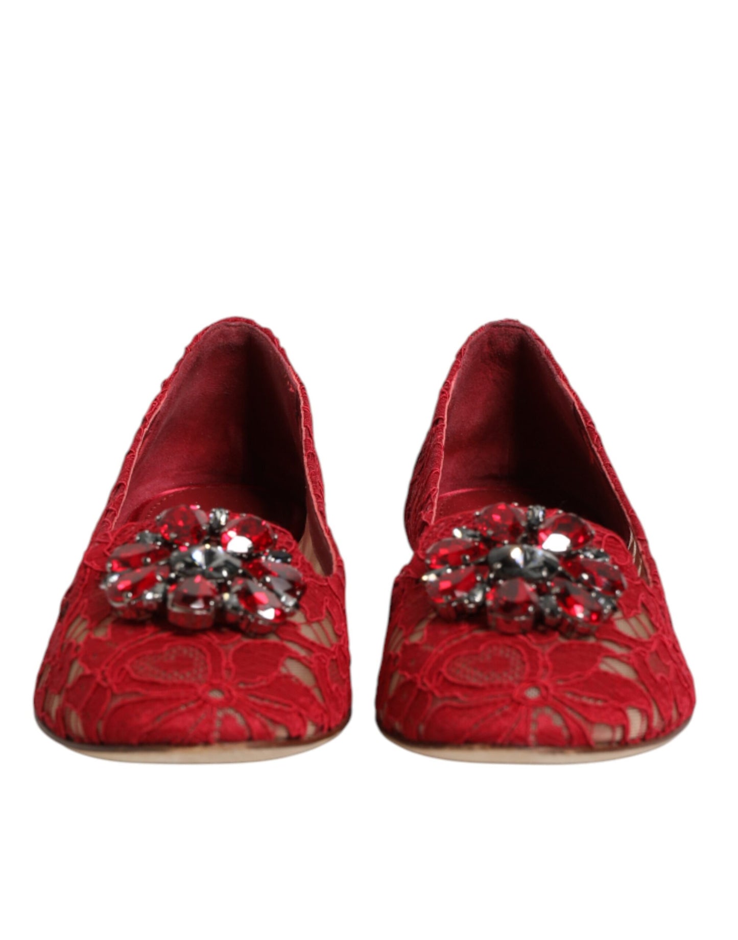 Dolce & Gabbana Red Lace Crystal Ballet Flats Loafers Shoes