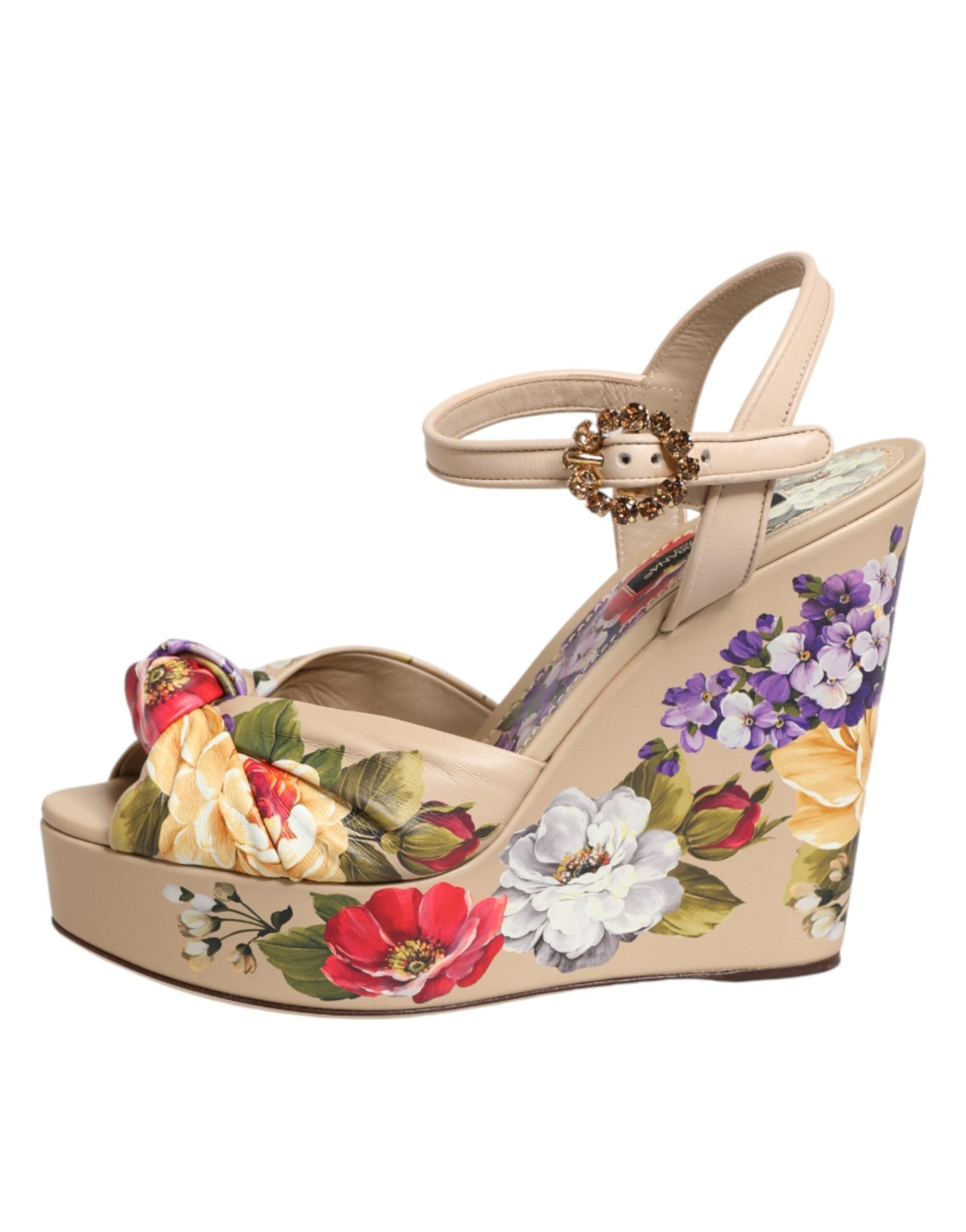 Dolce & Gabbana Beige Floral Ankle Strap Wedge Sandals Shoes
