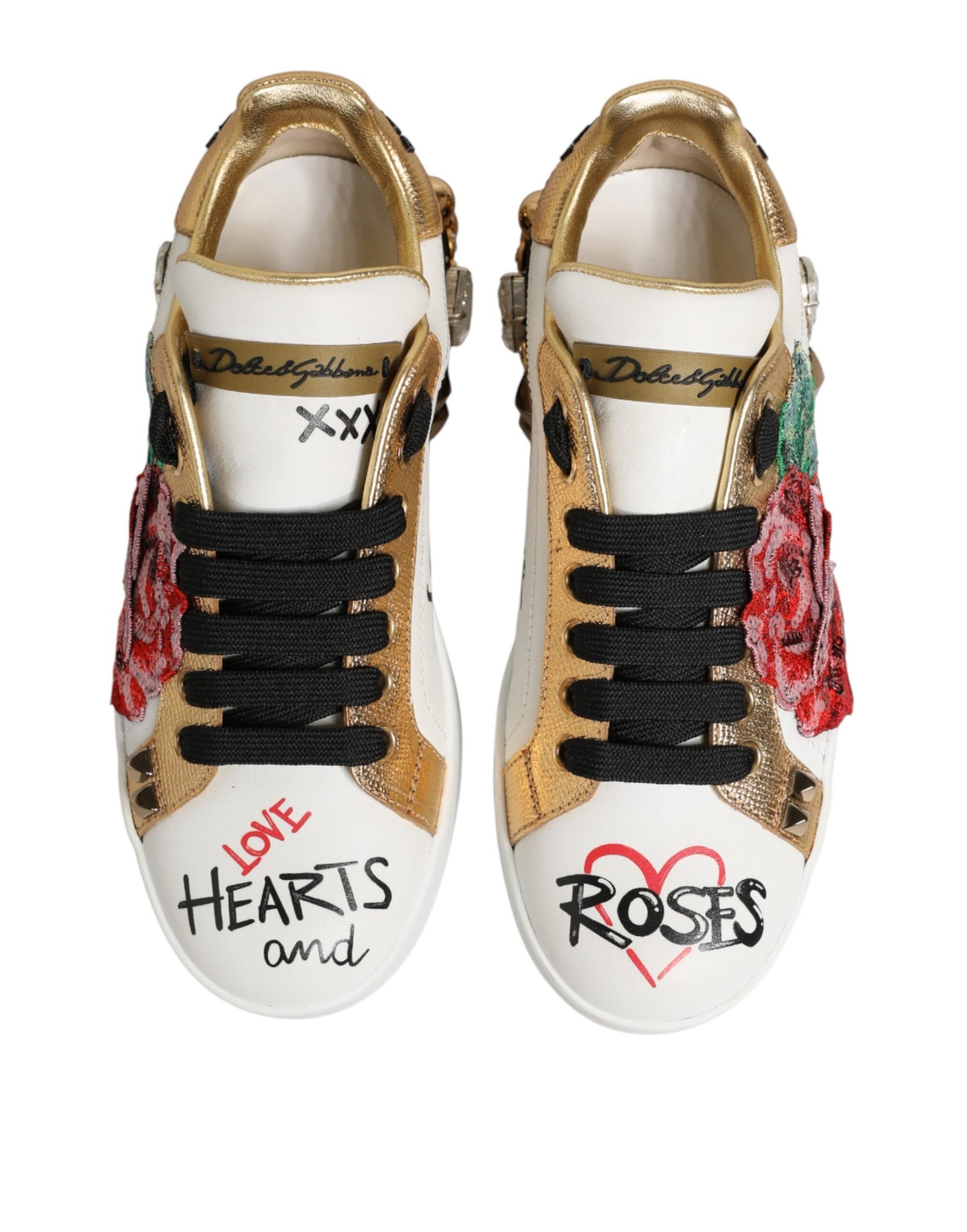 Dolce & Gabbana White Leather Floral Studded Sneakers Shoes