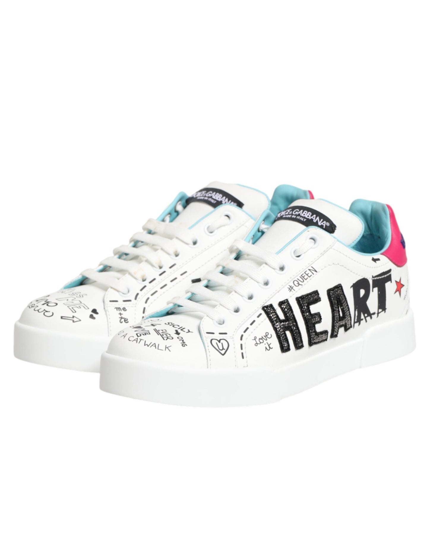 Dolce & Gabbana White Leather Graffiti Low Top Sneakers Shoes