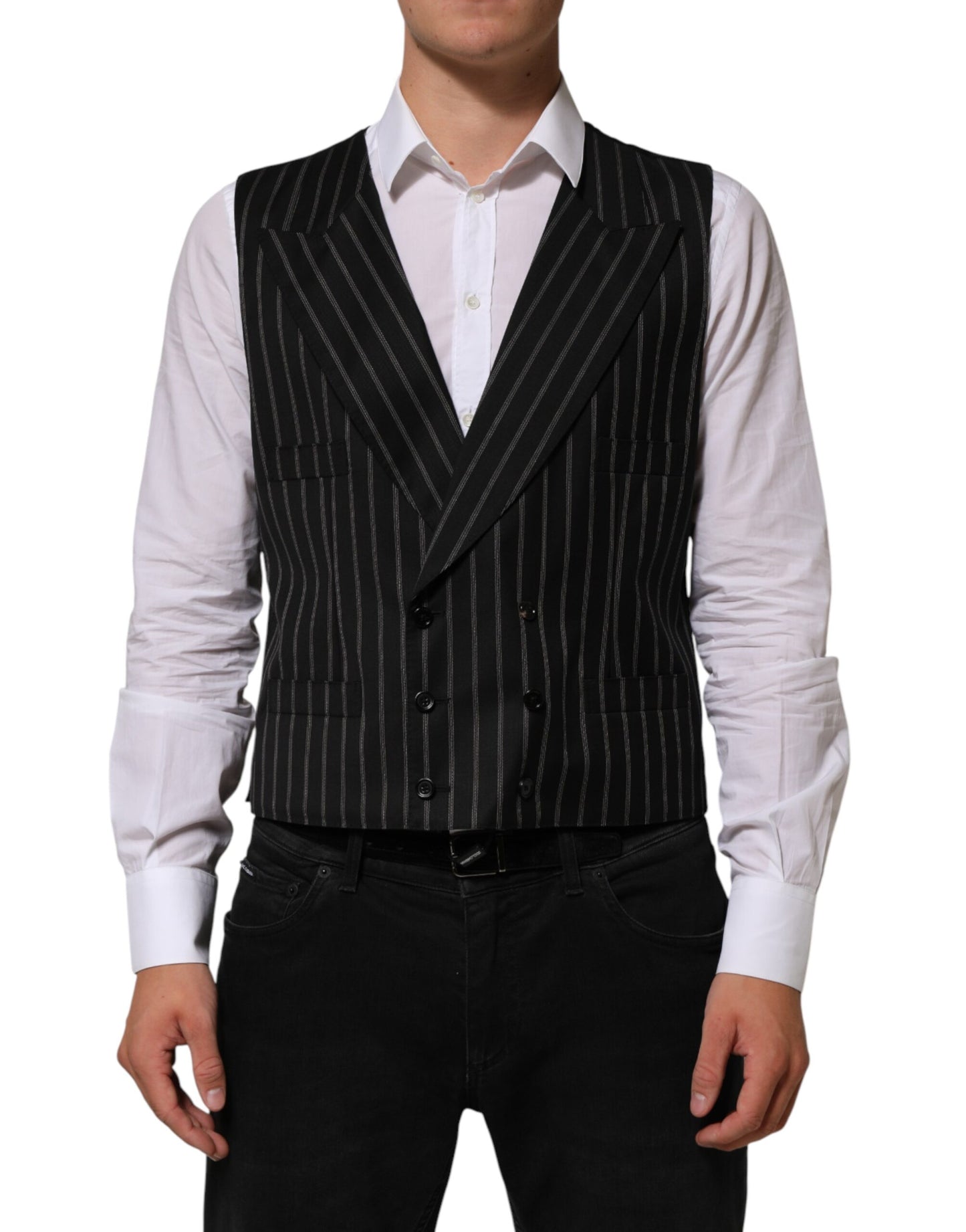 Dolce & Gabbana Black Stripes Wool Dress Men Waistcoat Vest