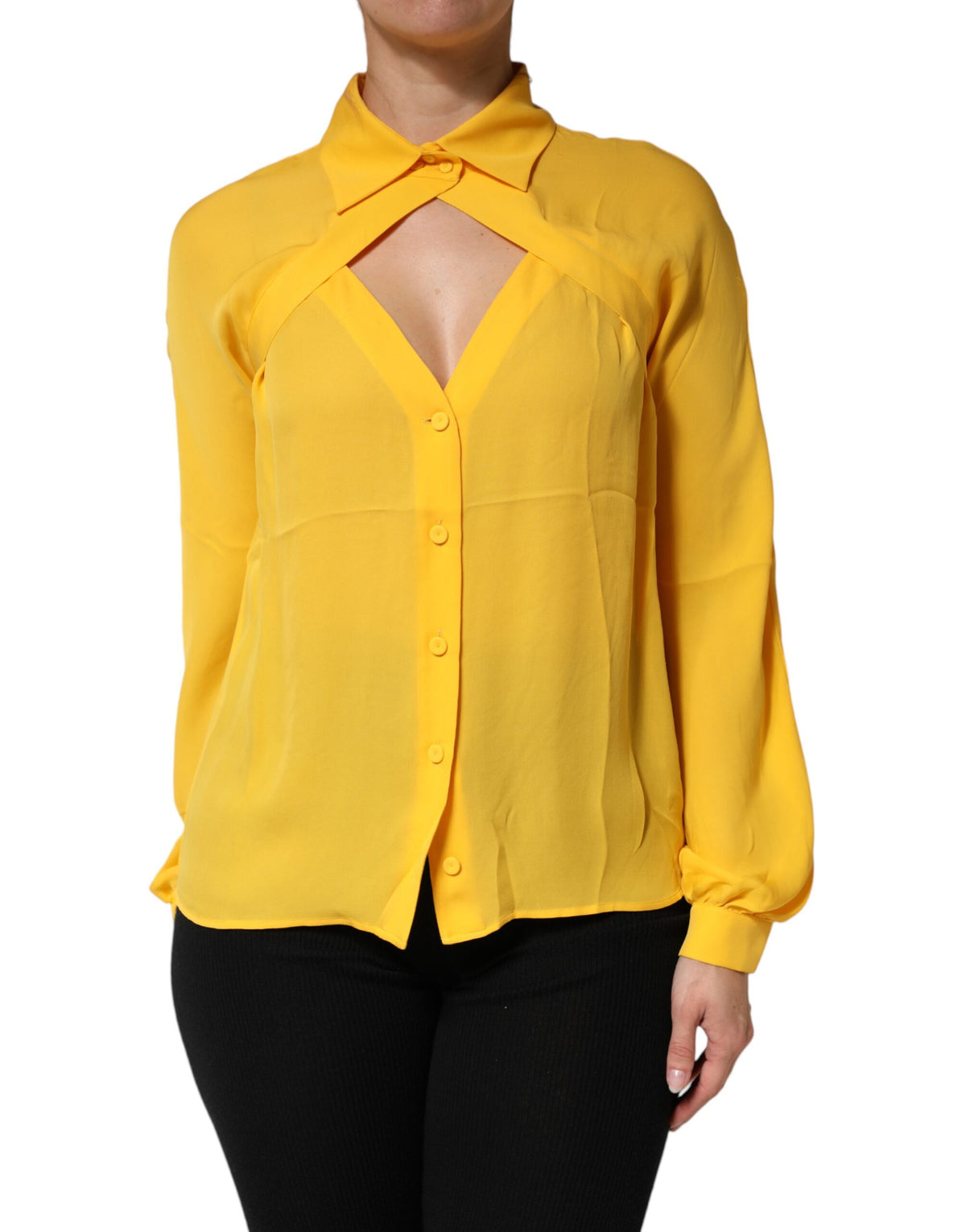 Moschino Couture Yellow Silk Collared Long Sleeves  Top