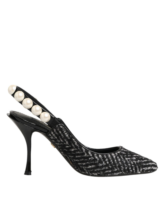 Dolce & Gabbana White Black Chevron Faux Pearl Slingbacks Shoes