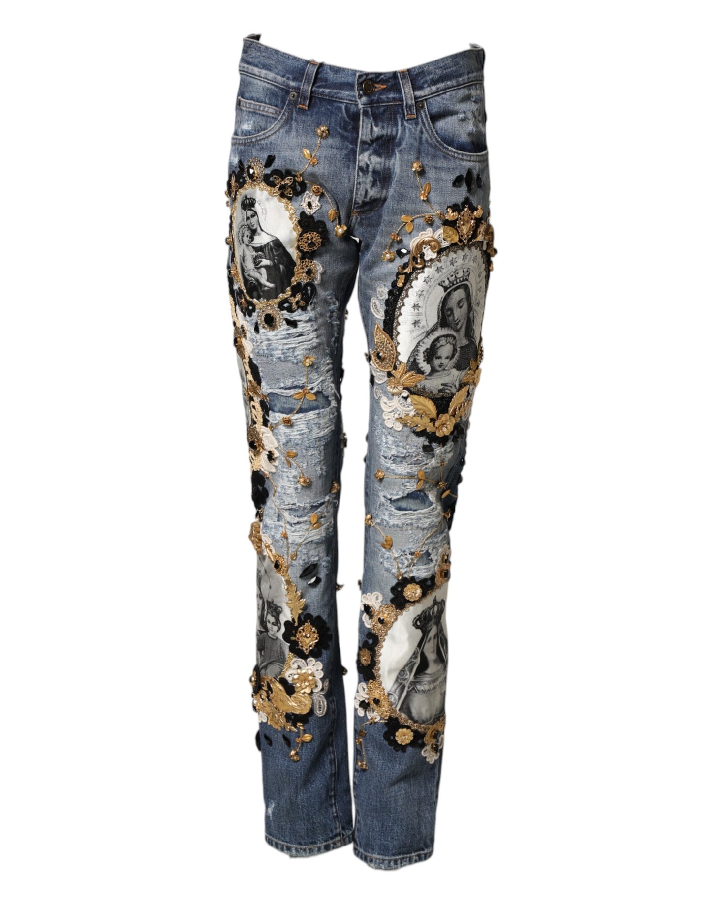 Dolce & Gabbana Blue Ripped Embellished Cotton Denim Jeans