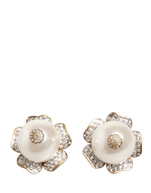 Dolce & Gabbana Gold Tone Maxi Faux Pearl Floral Clip-on Jewelry Earrings