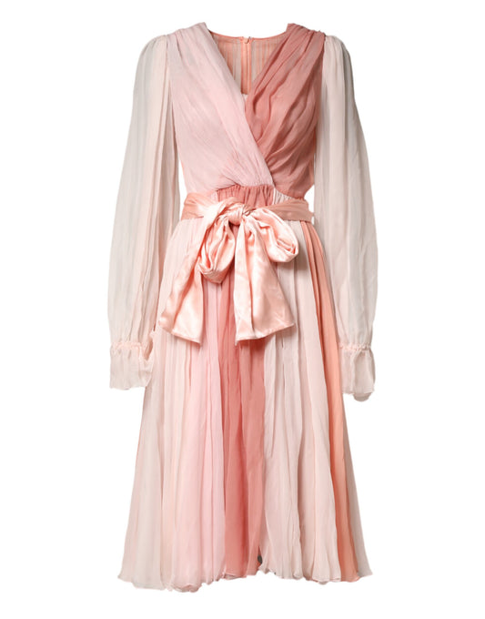 Dolce & Gabbana Pink Silk Tulle Long Sleeve V-neck Dress