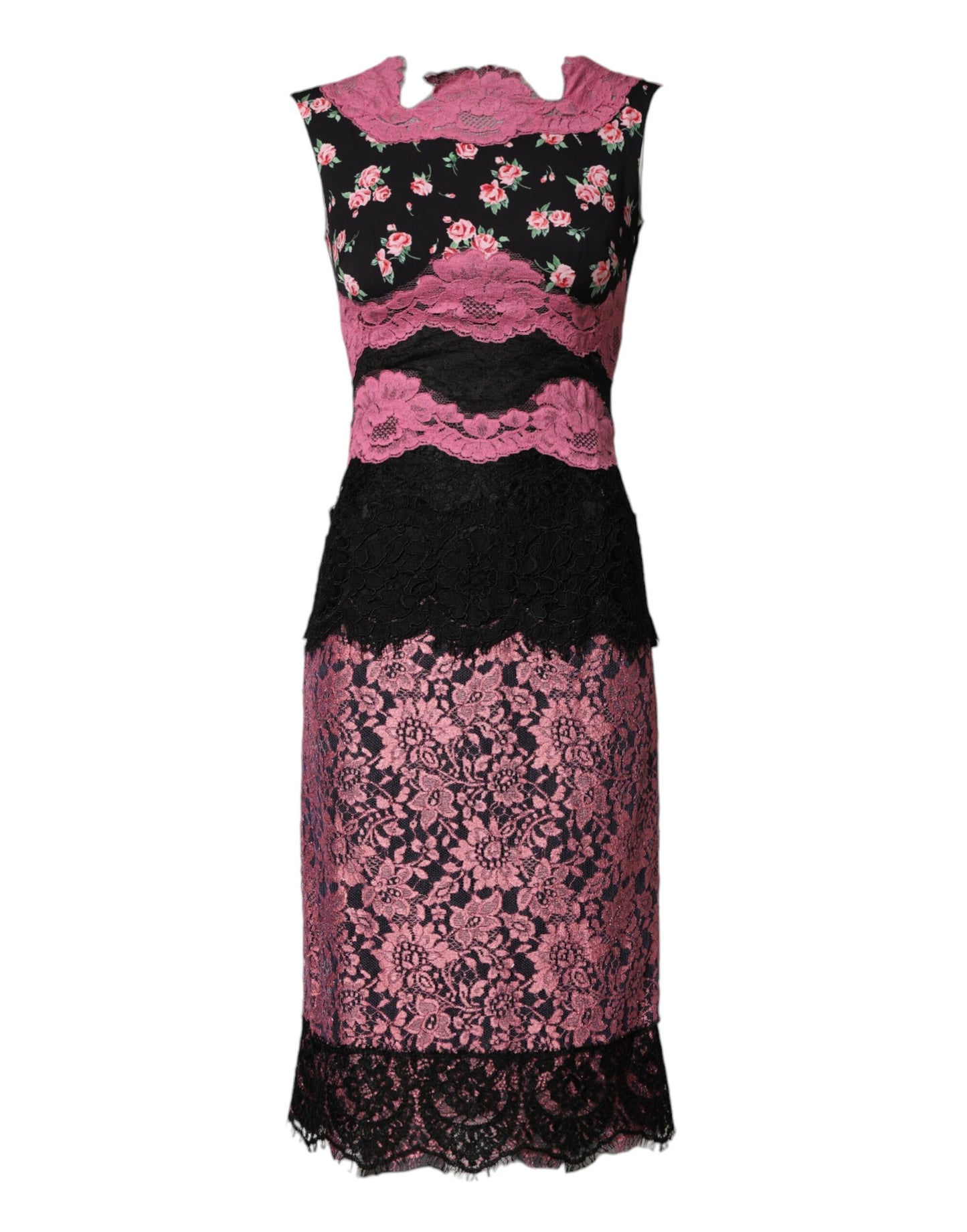 Dolce & Gabbana Black Pink Floral Lace Silk Sheath Dress