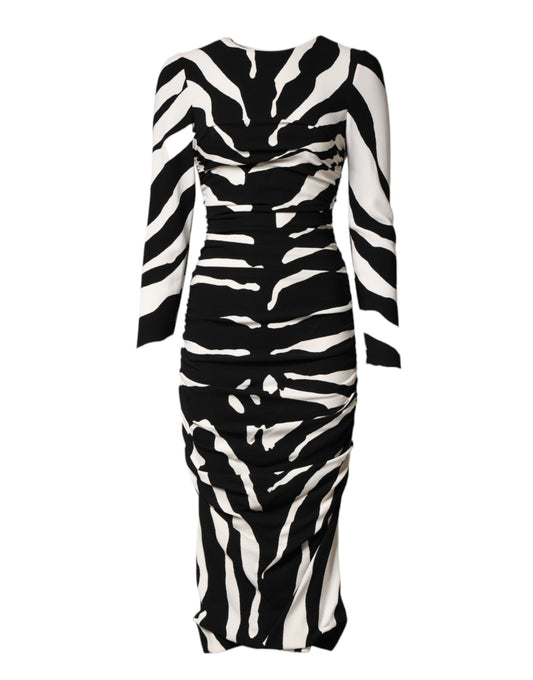 Dolce & Gabbana Black White Zebra Viscose Sheath Midi Dress