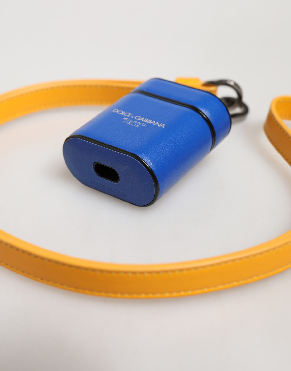 Dolce & Gabbana Blue Yellow Calfskin Leather Logo Strap Men Airpods Case