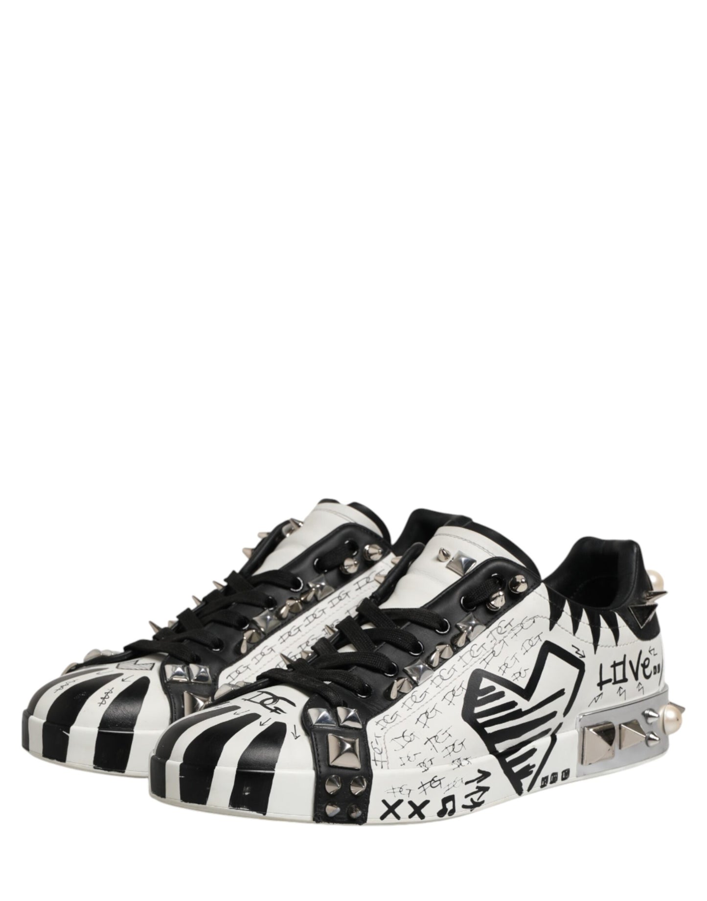 Dolce & Gabbana Black White Studded Low Top Sneakers Shoes