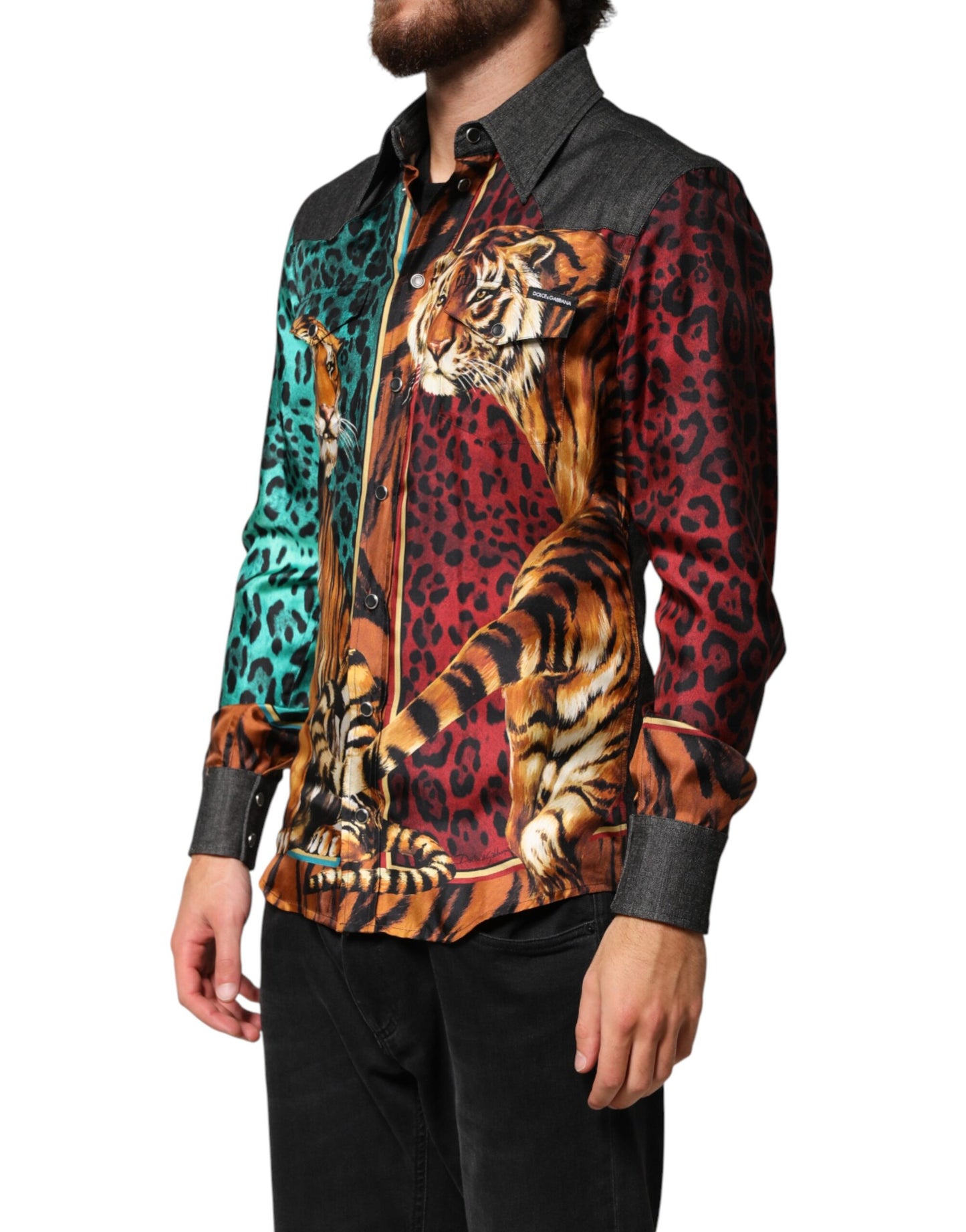 Dolce & Gabbana Multicolor Tiger Leopard Print Silk Men Shirt