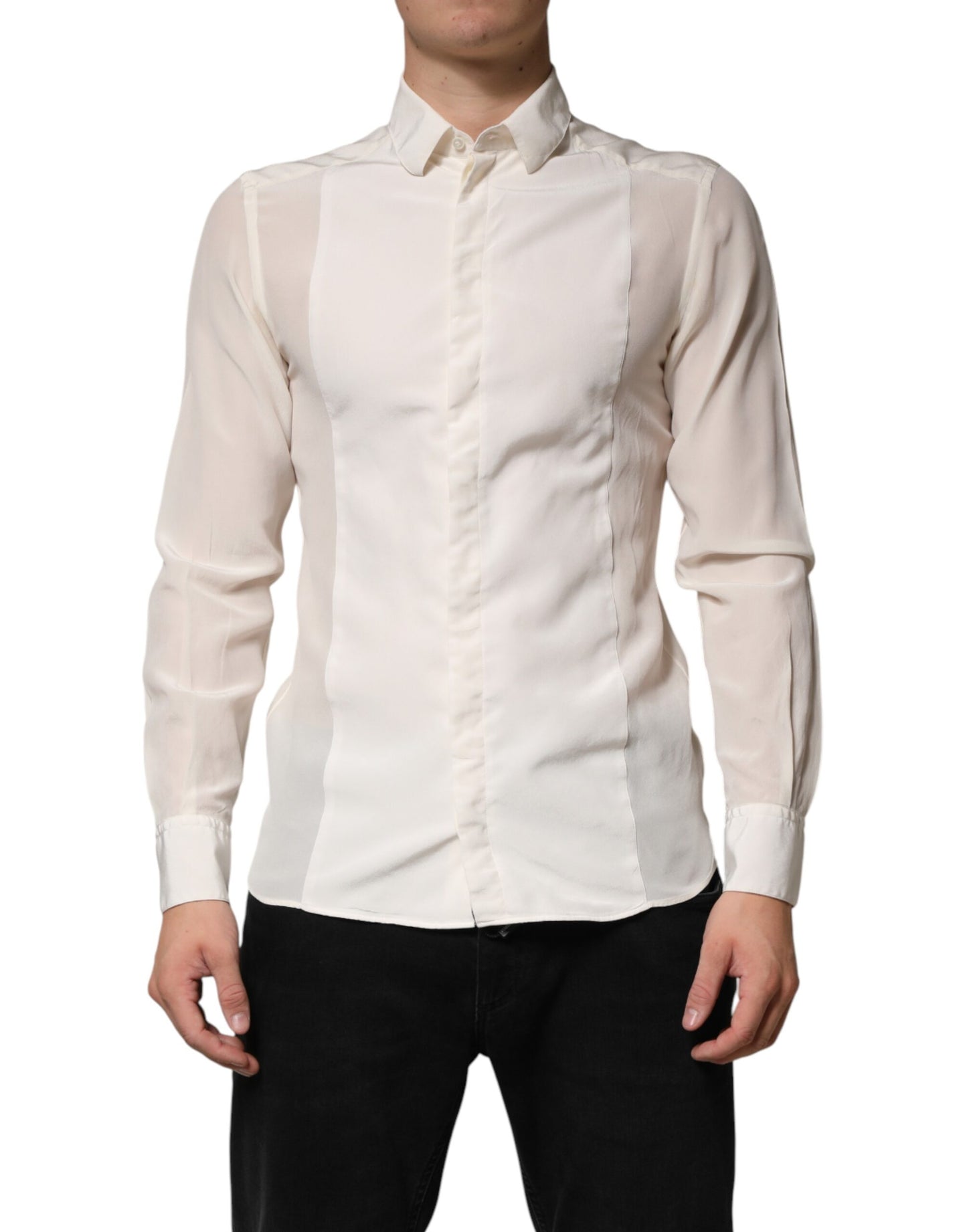 Dolce & Gabbana Off White Silk Men GOLD Dress Formal Shirt