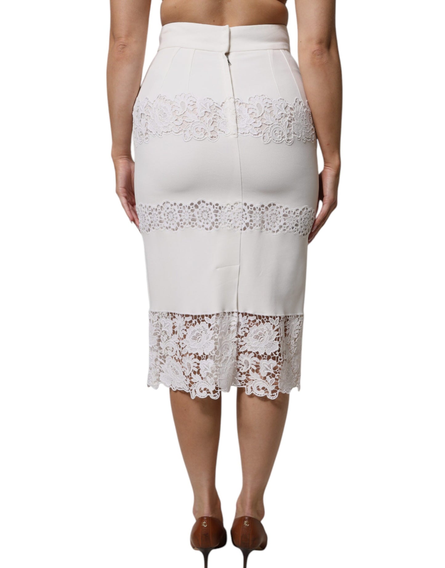 Dolce & Gabbana White Floral Lace High Waist Pencil Cut  Skirt