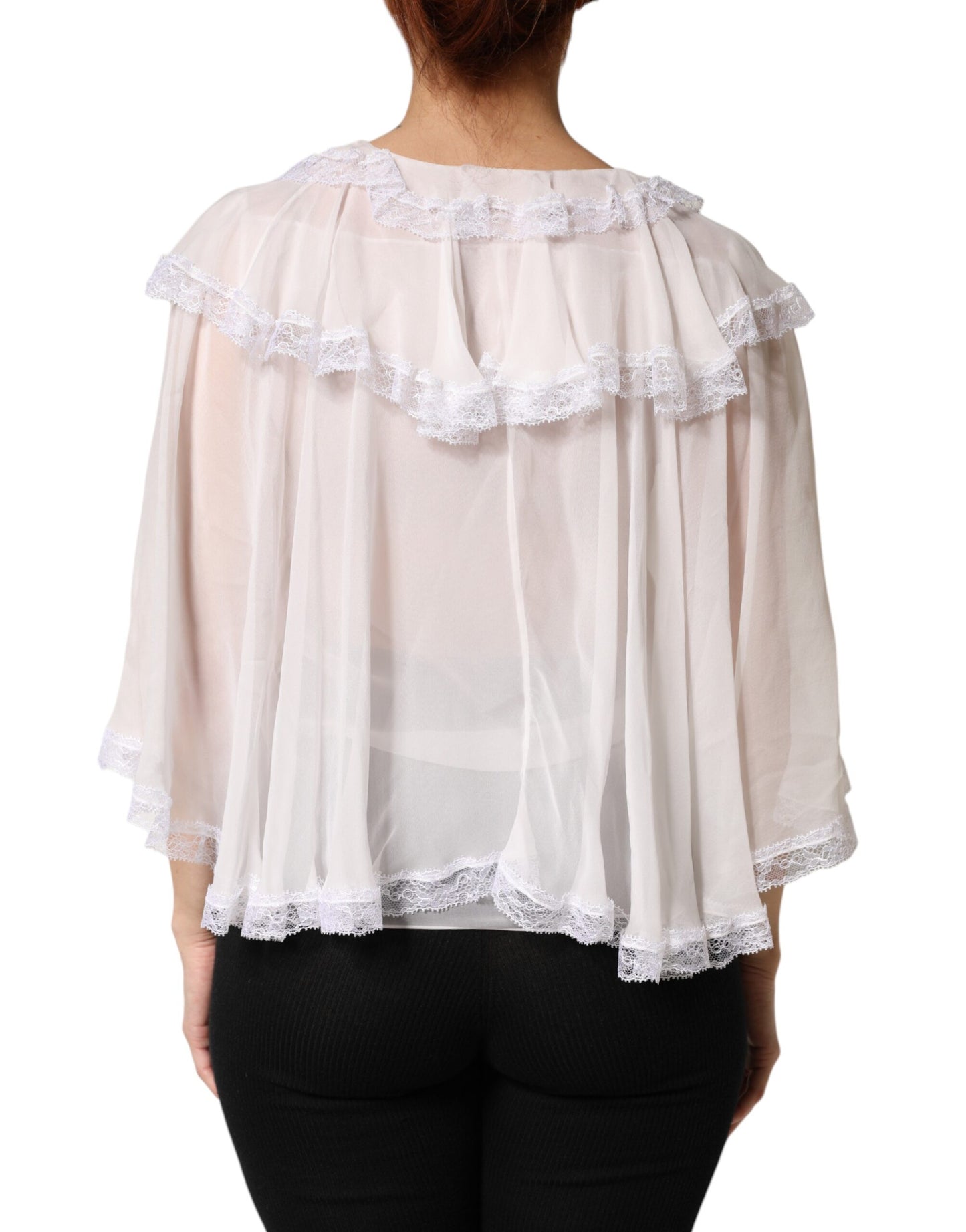 Dolce & Gabbana White Ruffles Lace Long Sleeve Blouse Top