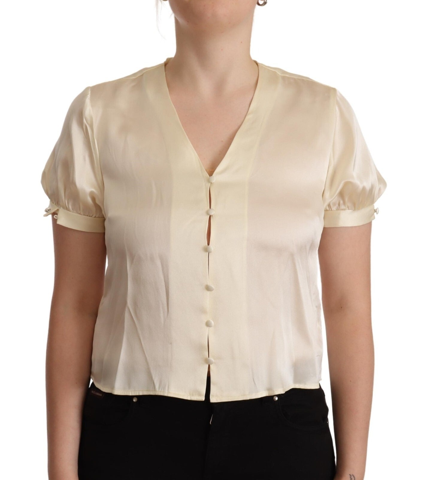 L'Autre Chose Blouse Off White Silk Short Sleeves V-neck Top