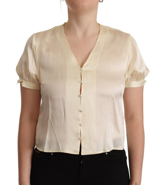 L'Autre Chose Blouse Off White Silk Short Sleeves V-neck Top