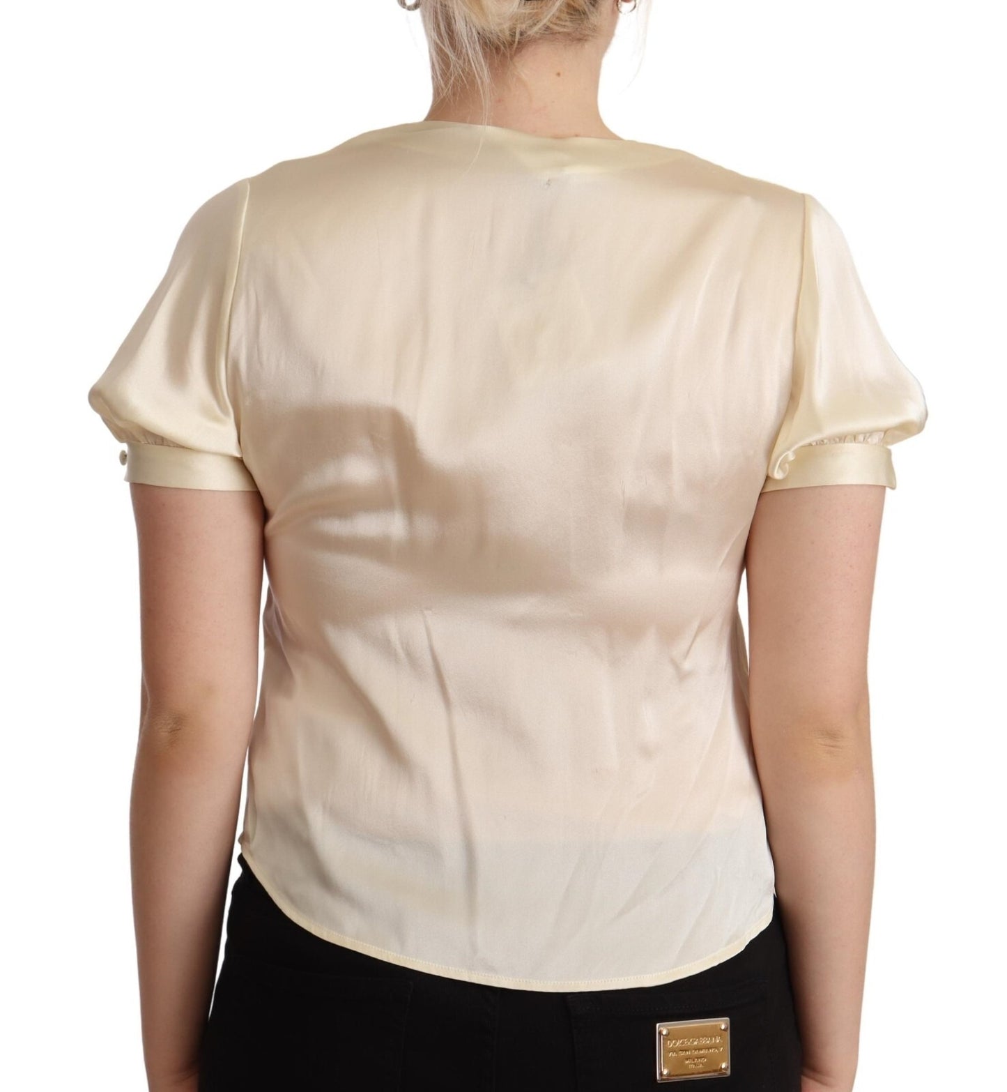 L'Autre Chose Blouse Off White Silk Short Sleeves V-neck Top