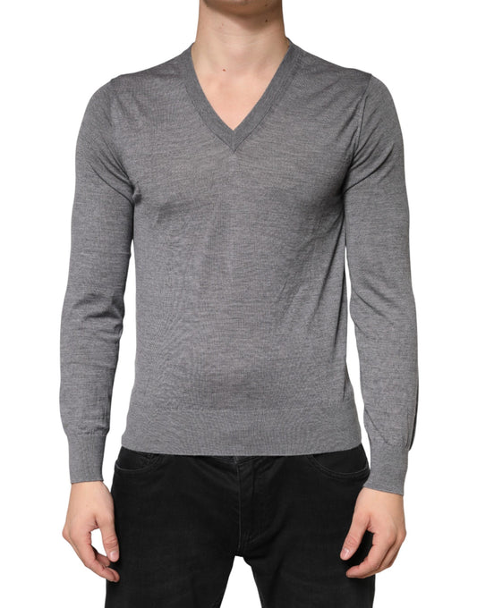 Dolce & Gabbana Gray Cashmere V-Neck Men Pullover Sweater