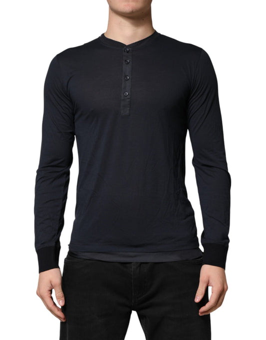 Dolce & Gabbana Dark Blue Cotton Henley Long Sleeves T-Shirt