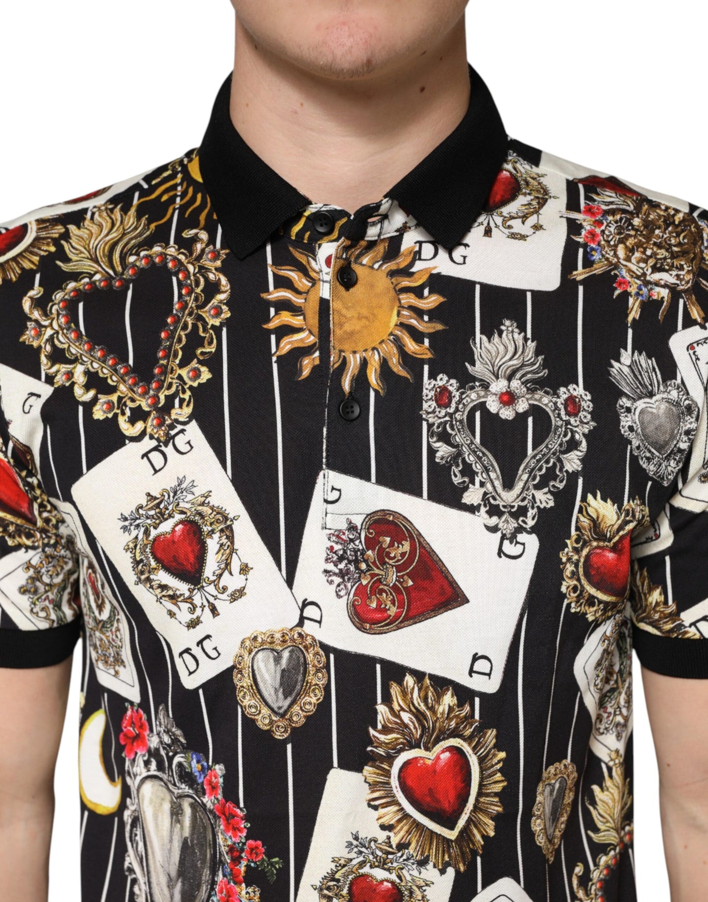 Dolce & Gabbana Black Card Heart Print Cotton Polo T-shirt