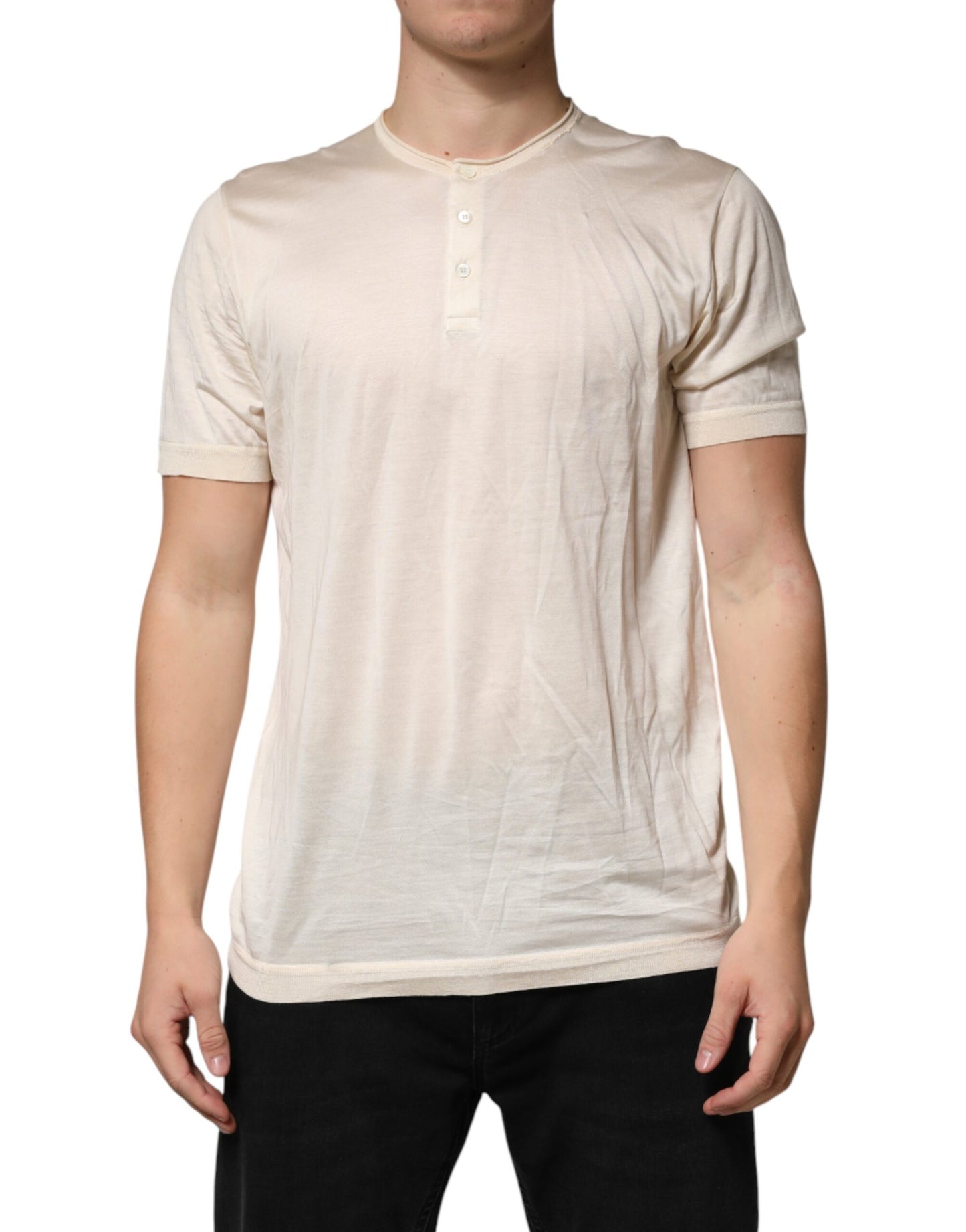 Dolce & Gabbana Off White Cotton Blend Men Henley T-shirt
