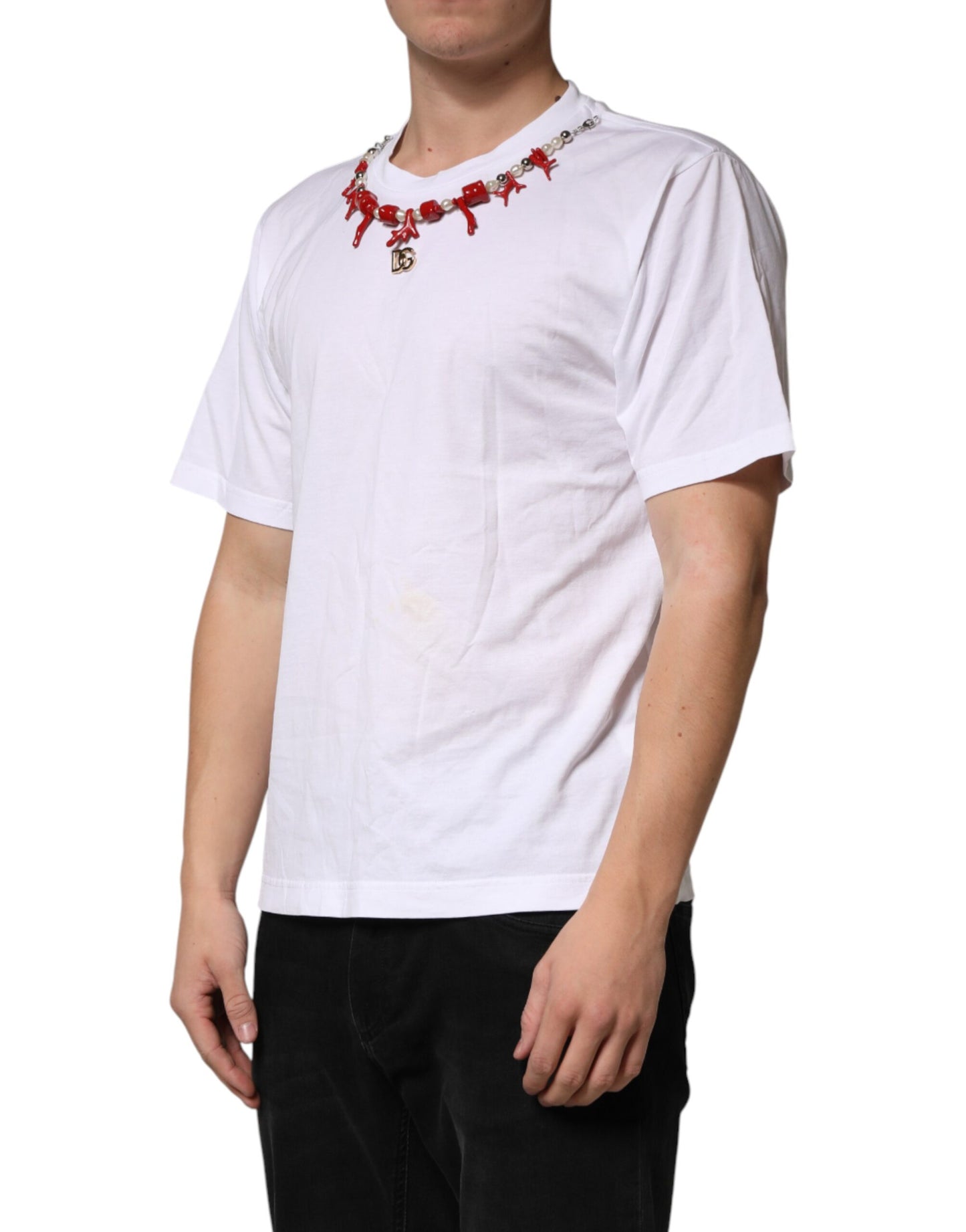 Dolce & Gabbana White Cotton Necklace Embellished T-shirt