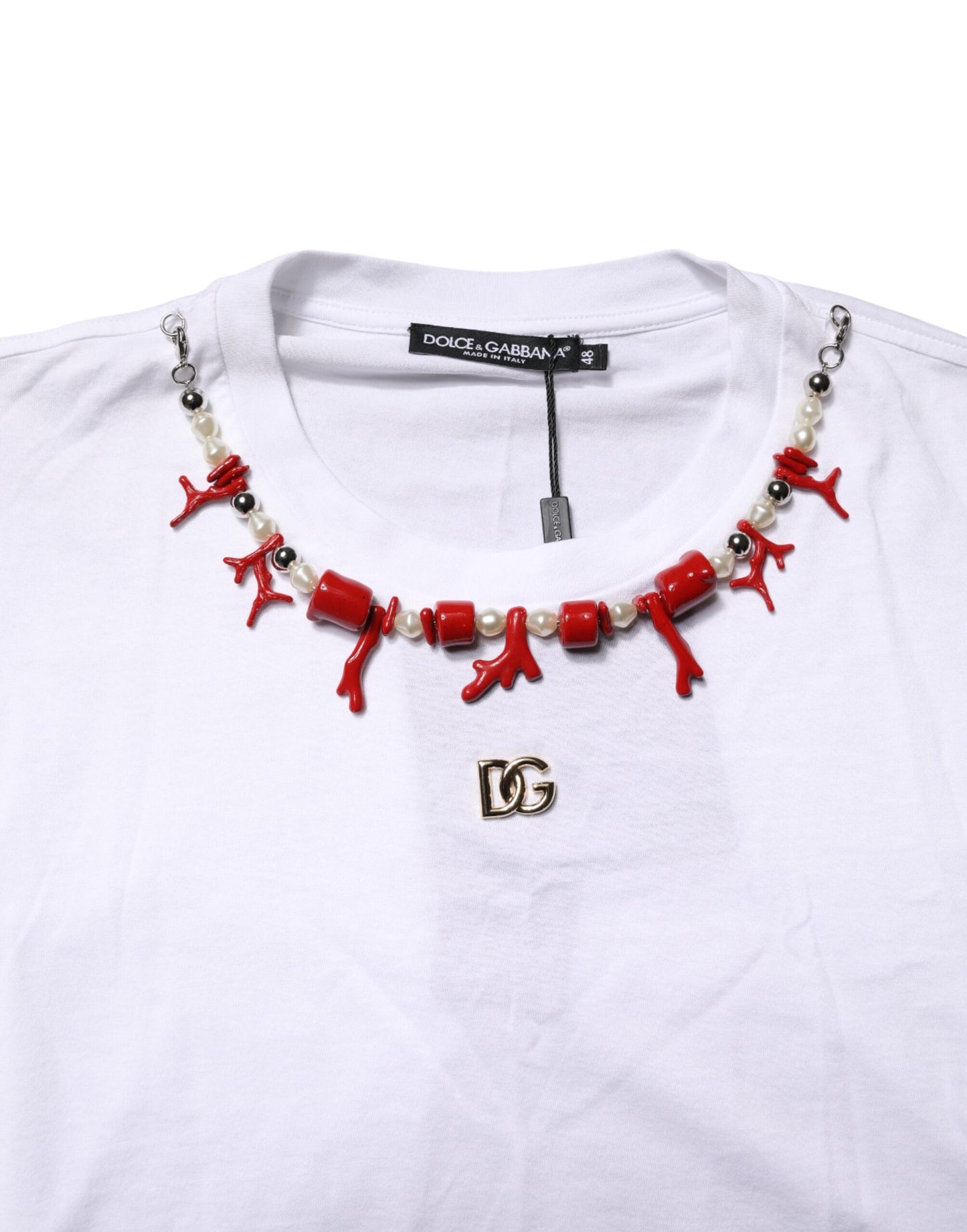 Dolce & Gabbana White Cotton Necklace Embellished T-shirt