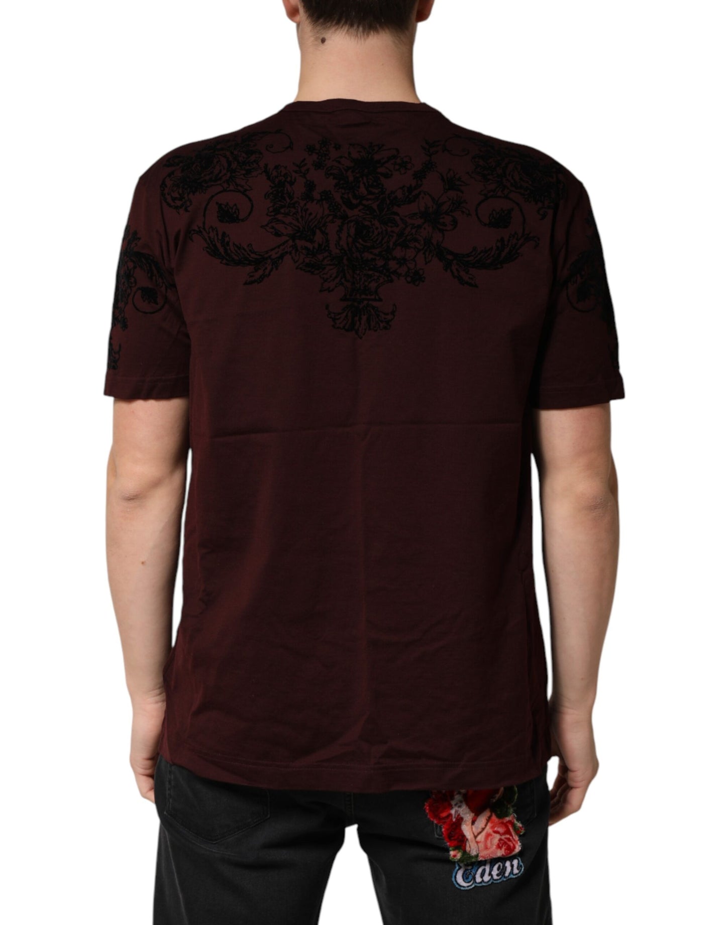 Dolce & Gabbana Maroon DG Crown Floral Crewneck Men T-shirt