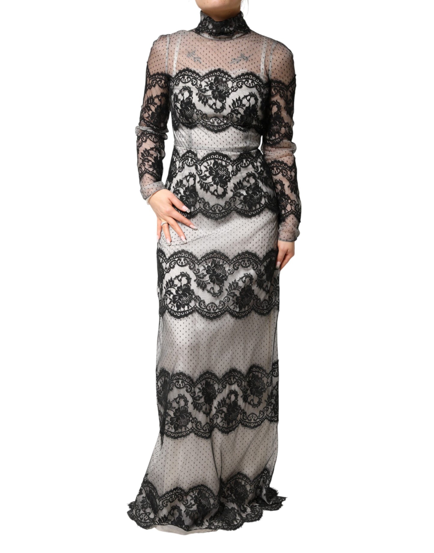 Dolce & Gabbana Black White Lace Silk Blend MaxiSheath Dress