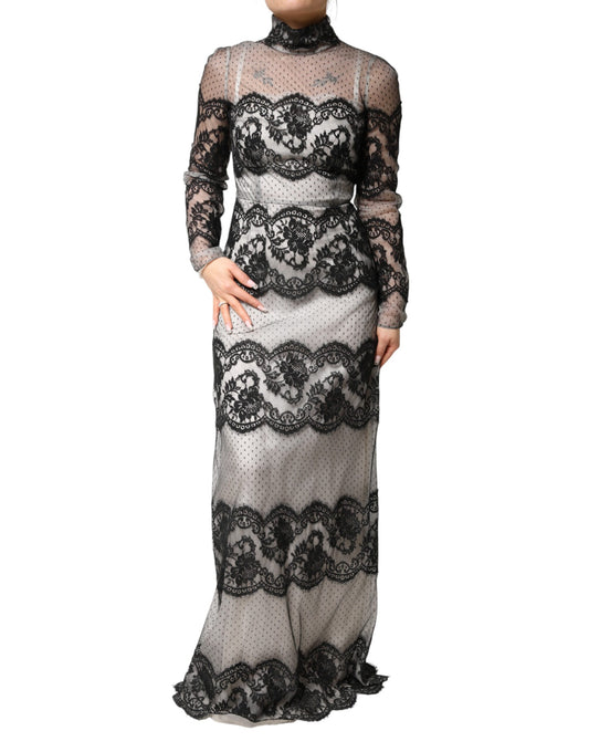 Dolce & Gabbana Black White Lace Silk Blend MaxiSheath Dress