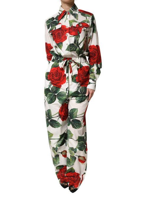 Dolce & Gabbana White Floral Print Cotton Jumpsuit Dress