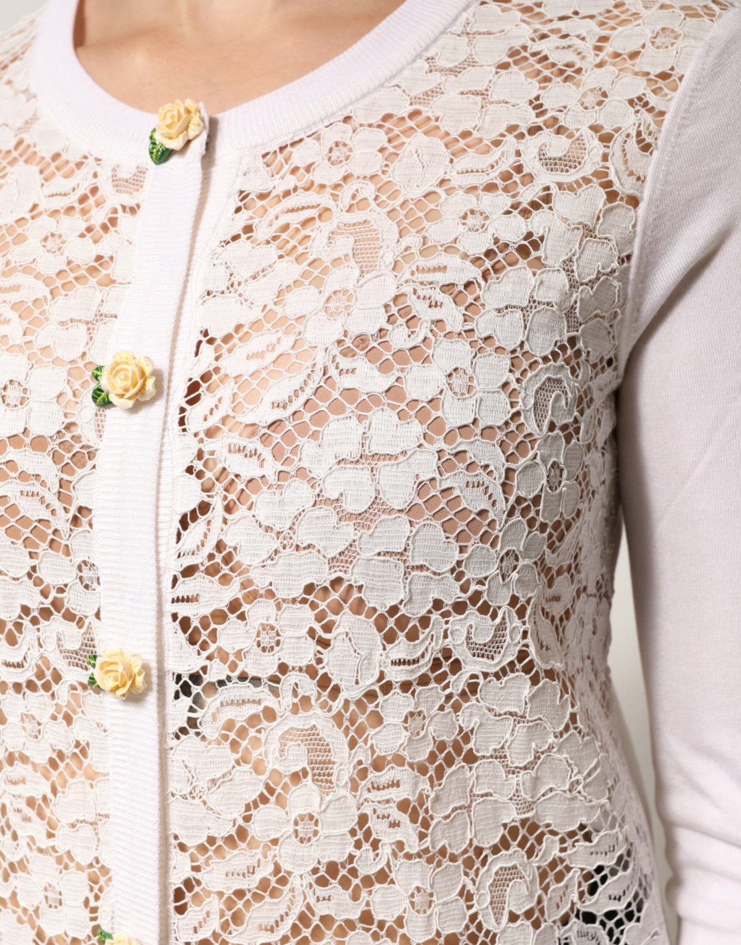 Dolce & Gabbana Cream Lace Knit Rose Button Cardigan Sweater