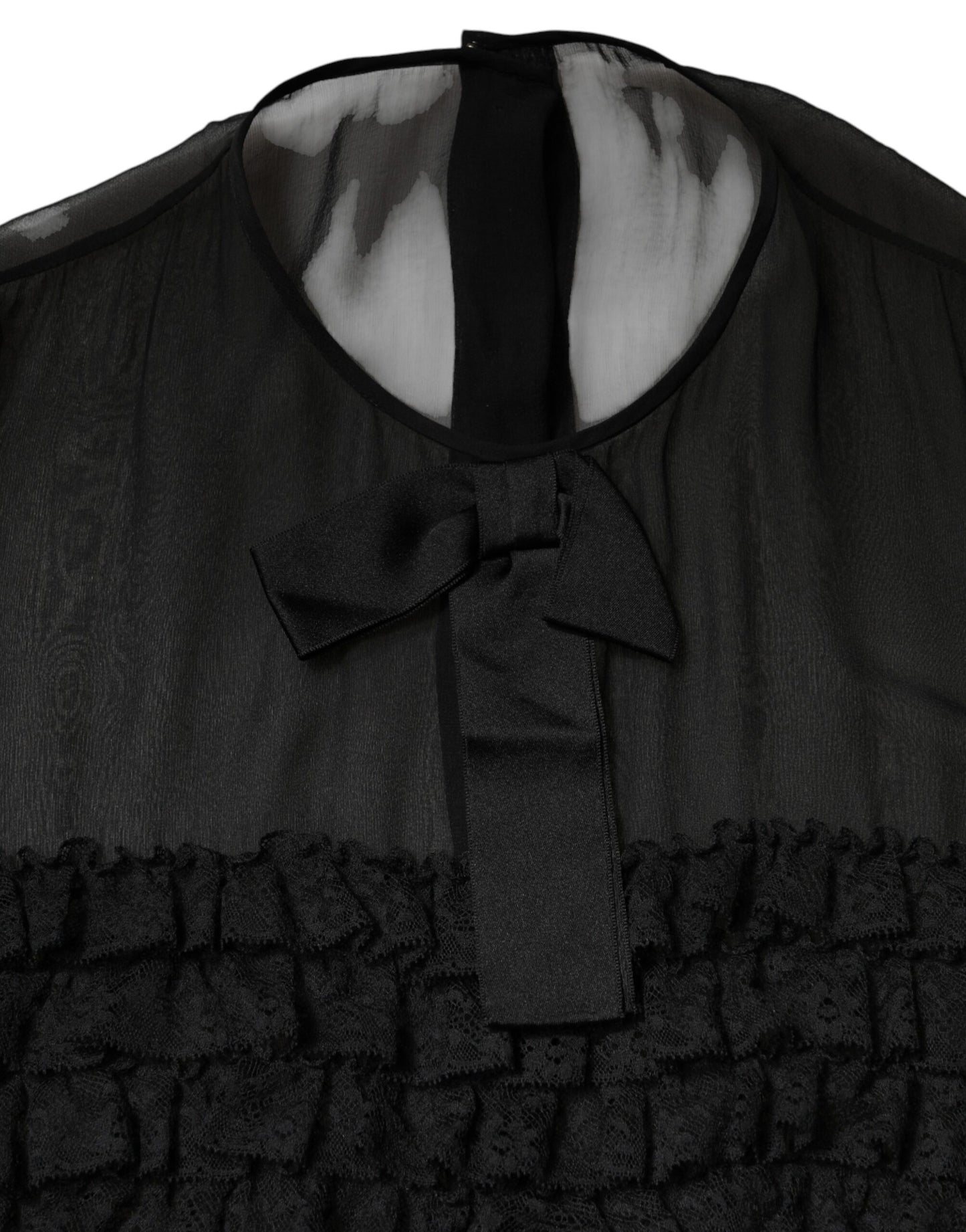 Dolce & Gabbana Black Silk Sheer Ruffle Tie-Neck Blouse Top