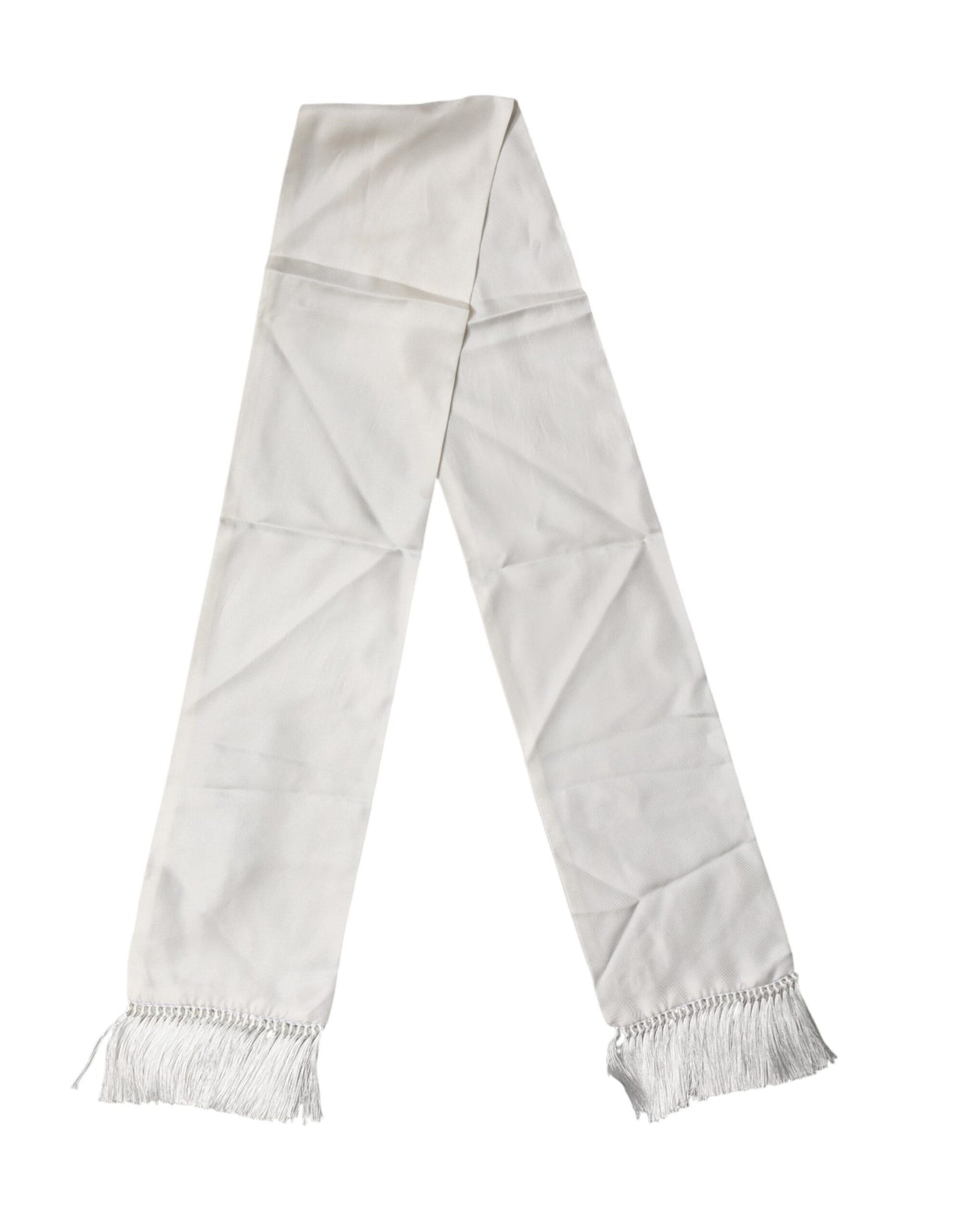 Dolce & Gabbana White Satin Silk Fringes Neck Foulard  Scarf