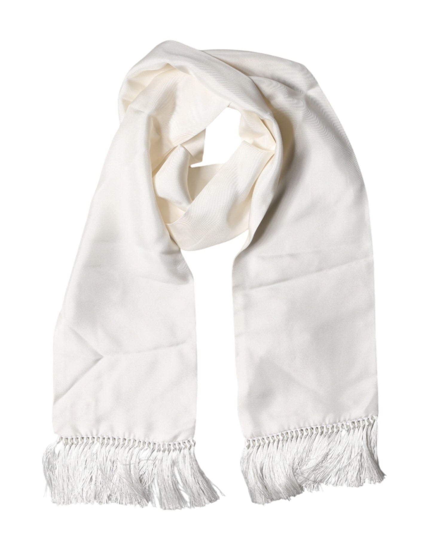 Dolce & Gabbana White Satin Silk Fringes Neck Foulard  Scarf