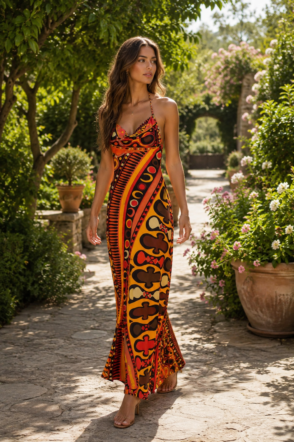 A longhaired woman walking in a garden wearing Emilio Pucci Multicolor Silk Long Dress.