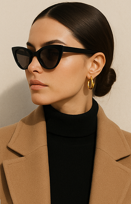 Dark-haired woman with luxury sunglasses and a camel brown coat.