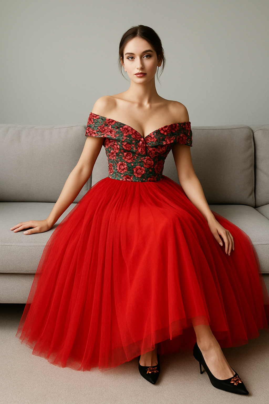 A darhaired young woman wearing a beautiful red designer party dress sitting on a sofa.