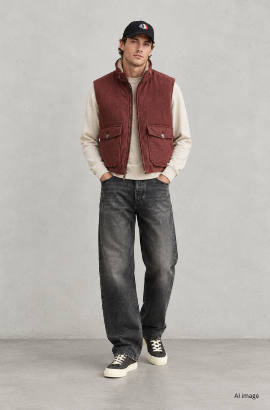 Young Man wearing Cucinelli burgundy Jacket, Sunflower  black Jeans_Rick Owens white-black Sneakers_Moncler Cap.