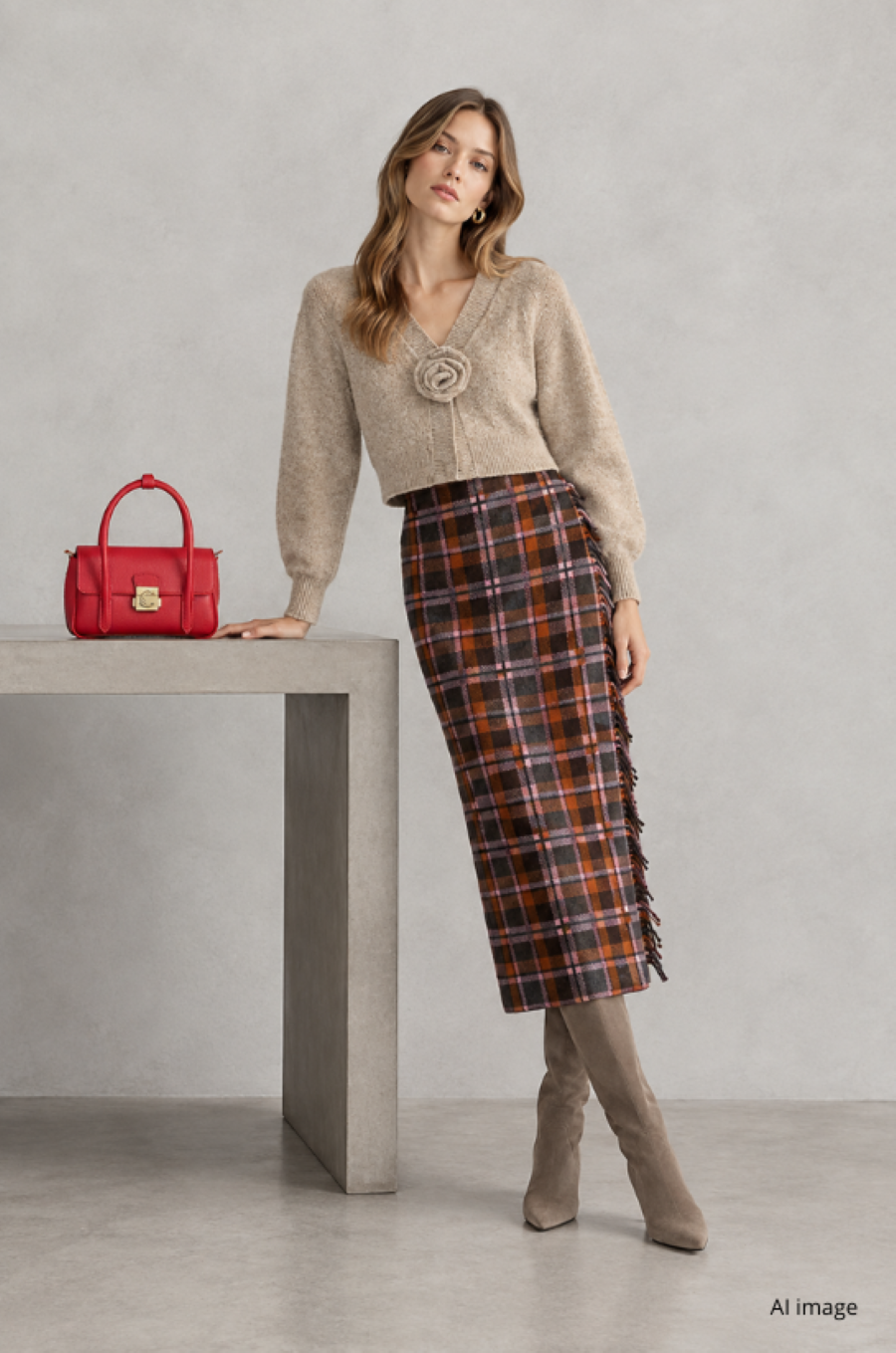 Young woman wearing Guest in Residence midi skirt, Rotate Birger Christensen beige wool cardigan, Fabiana filippi over the knee beige shoes and  a Coccinelle red Handbag on the table.